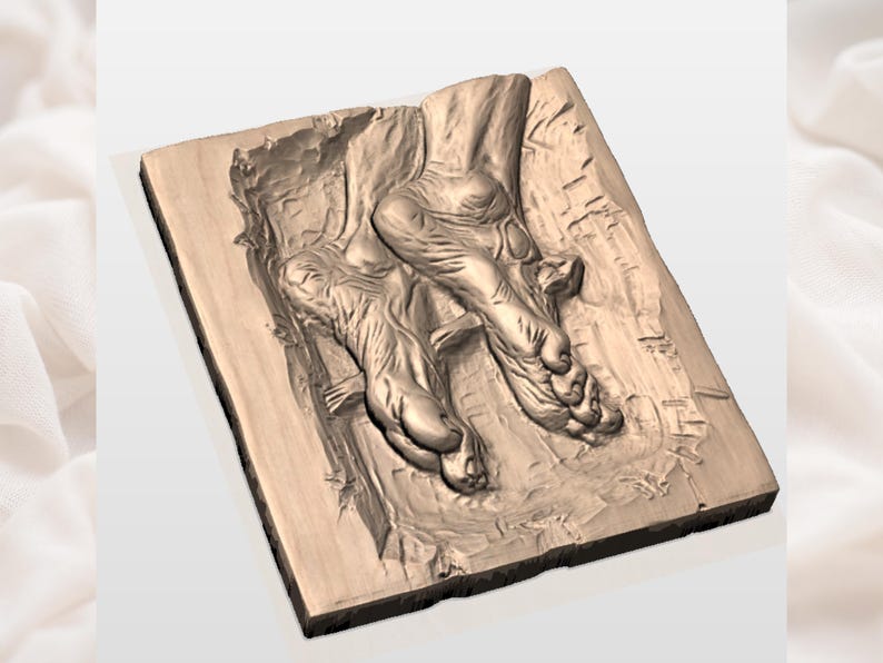 May include: A wooden relief sculpture depicting two feet in a resting position. The sculpture is carved from a light brown wood and shows detailed textures of the feet and the surrounding wood grain.