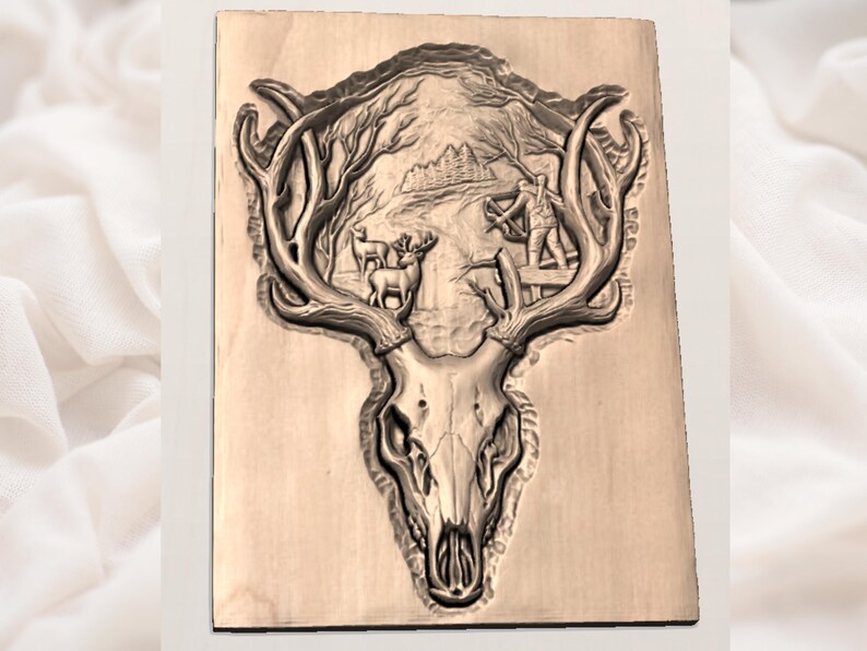 May include: A wooden carving of a deer skull with large antlers. The carving depicts a forest scene with deer and a hunter. The artwork is in shades of brown and tan, with detailed relief work.