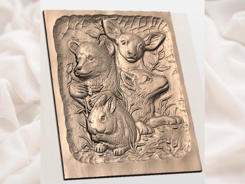 May include: A rectangular, brown relief carving featuring a bear, deer, fox, and rabbit. The animals are surrounded by foliage, with detailed textures and shadows. The artwork is likely made of wood or a similar material.