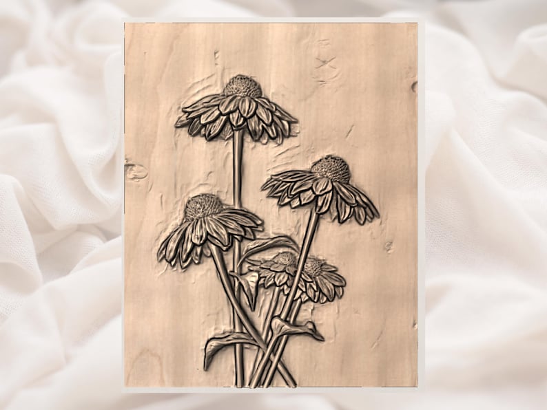 May include: A wooden relief carving of four coneflowers. The flowers have detailed petals and textured centers, with long stems and leaves. The carving is in a natural wood tone, with visible grain and slight imperfections.
