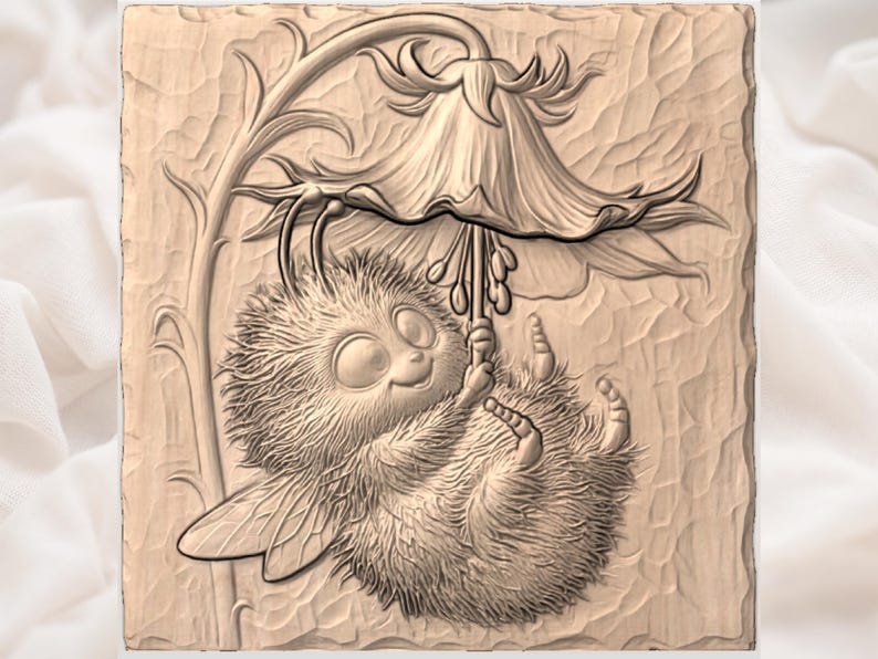 May include: A detailed wood carving of a whimsical creature hanging from a large flower. The creature has large eyes, a furry body, and small wings. The flower and creature are carved in a light brown colour.