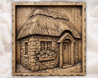 Rustic Thatched Cottage Home 3D Relief STL | English Countryside Decor | CNC Router And 3D Print