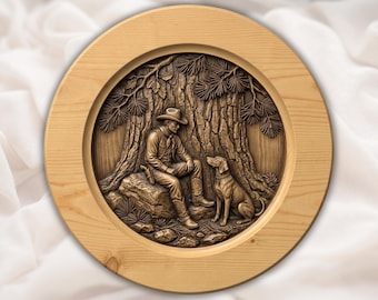 カウボーイと犬のレリーフ（STLファイル）｜回転式トレイ（円形）｜ウエスタン牧場の壁飾り｜素朴な木の風景｜手彫りの木目調アート
