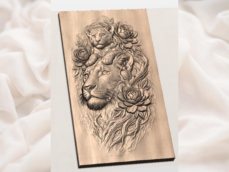 May include: A wooden relief carving of a lion and cub surrounded by floral elements. The lion's face is detailed, with a cub resting on its head. The carving is in shades of brown, with intricate details.