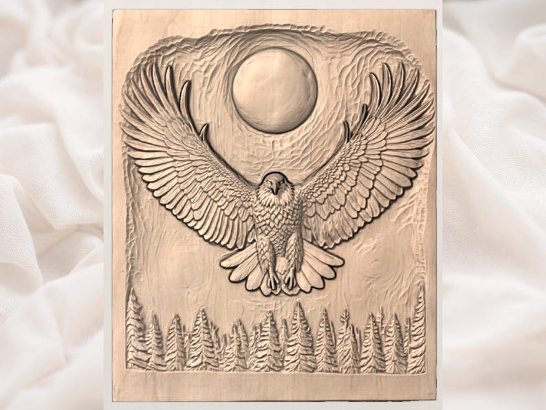 May include: A wooden relief carving of an eagle with outstretched wings, set against a backdrop of a full moon and a forest. The eagle is the focal point, with detailed feathering and a dynamic pose. The carving is in a natural wood tone.