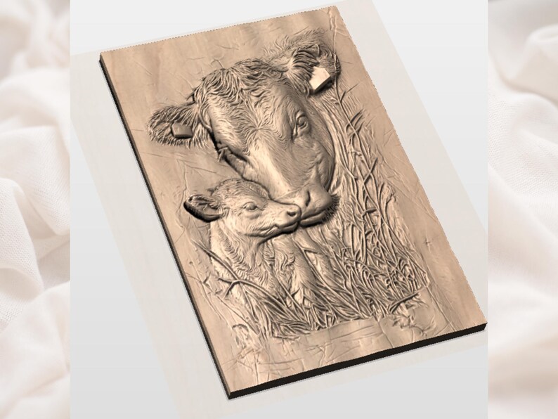 May include: A wooden relief carving of a cow and calf. The cow's head is positioned above the calf, with the calf nestled close. The carving is in shades of brown and features detailed textures, including blades of grass.