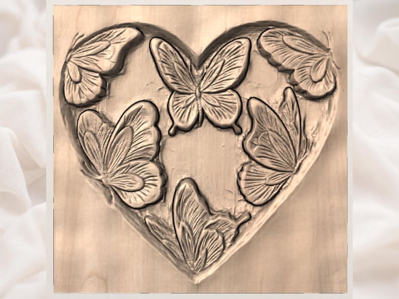 May include: A wooden heart-shaped carving with six butterflies. The butterflies are arranged around the heart's edge, with detailed wing patterns. The carving is in a natural wood tone, with the butterfly outlines and details slightly darker.