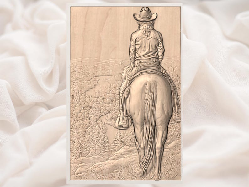 May include: A wooden carving of a person riding a horse, viewed from the back. The rider wears a cowboy hat and shirt, and the horse is saddled. The background depicts a landscape with trees and hills, all carved in detail.