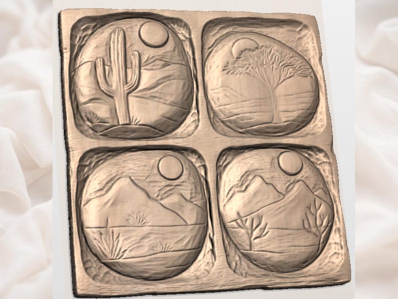 Desert Landscape STL | Southwest Cactus Mountain Relief Design | Rustic Wood Carving Set | Boho Desert Wall Art Model | Nature Scene Decor image 2