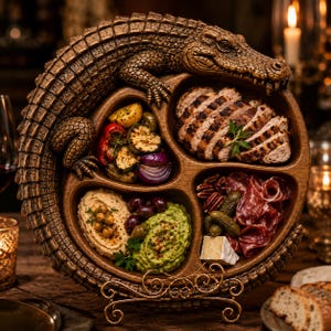 Pu&ograve; includere: Un vassoio da portata circolare in legno con un coccodrillo scolpito attorno al bordo. Il vassoio &egrave; diviso in quattro sezioni contenenti pollo alla griglia, verdure arrosto, hummus, guacamole, olive, salame, cetriolini e formaggio.