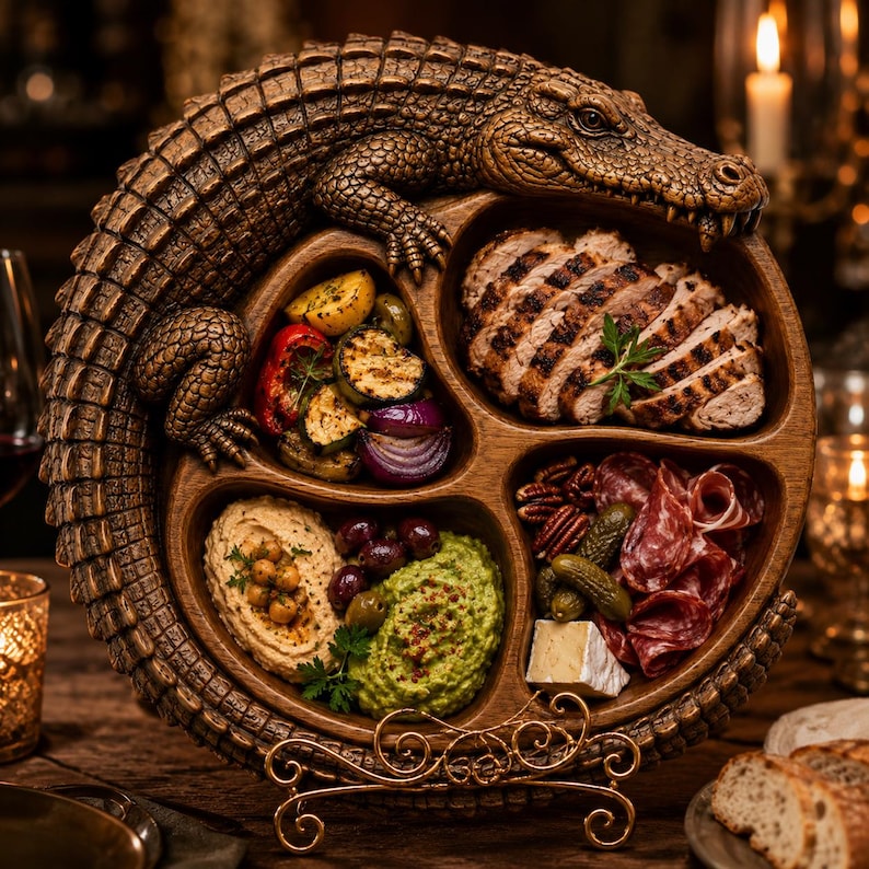 Pu&ograve; includere: Un vassoio da portata circolare in legno con un coccodrillo scolpito attorno al bordo. Il vassoio &egrave; diviso in quattro sezioni contenenti pollo alla griglia, verdure arrosto, hummus, guacamole, olive, salame, cetriolini e formaggio.