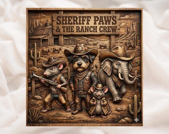 Sheriff Paws STL File | Funny Western Animal 3D Relief  | Cowboy Ranch Wall Art Sign | Hand Carved Wood Grain Look | 3D Print  Laser