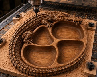 Archivo STL de bandeja de cocodrilo para fresadora CNC / Modelo de relieve 3D de bandeja de madera / Diseño de tallado de bandeja de servir de madera / Descarga digital para decoración de cocina