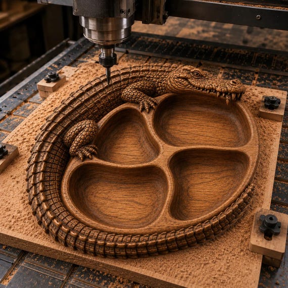 Alligator  Tray STL File for CNC Router | Wooden Tray 3D Relief Model | Wooden Serving Tray Carving Design | Kitchen Decor Digital Download