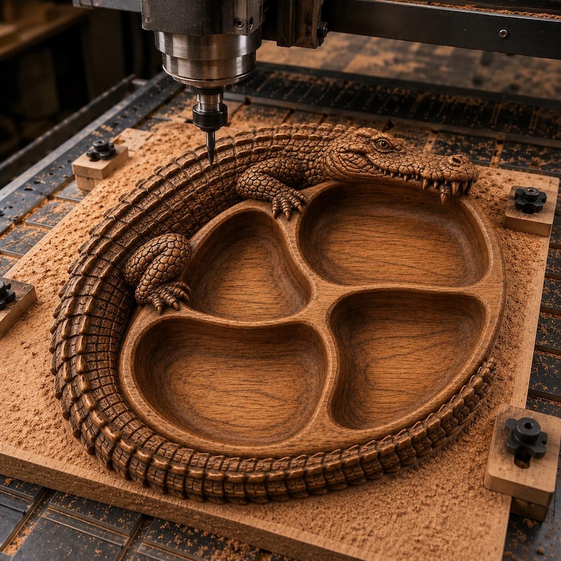 Pu&ograve; includere: Un vassoio da portata in legno marrone intagliato a forma di alligatore arrotolato con quattro scomparti interni distinti. Il vassoio &egrave; posizionato sul piano di una macchina CNC con una punta di metallo sospesa sopra le squame dettagliate.
