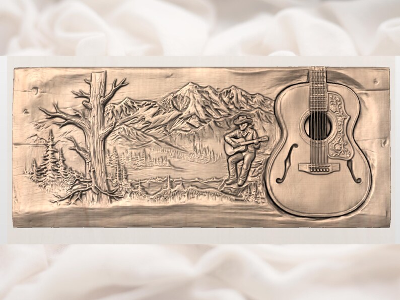 May include: A detailed relief carving depicts a country scene with a guitar, a cowboy playing, mountains, and trees. The artwork is in a warm, neutral tone, showcasing the textures of the carved wood.