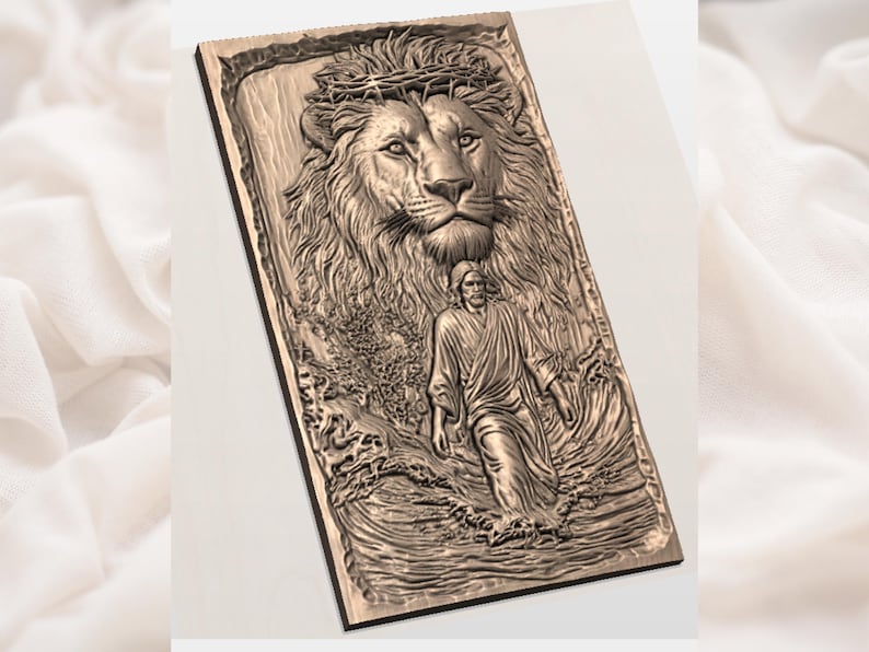 May include: A rectangular, bronze-colored relief carving depicts a lion's head wearing a crown of thorns above a figure walking on water. The detailed artwork is set against a light background, showcasing the intricate textures of the relief.