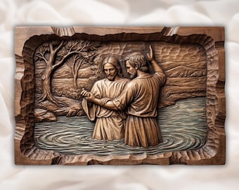 Arquivo STL do Batismo de Jesus para Router CNC | Escultura em Relevo 3D em Madeira para Arte de Parede Religiosa | Download Digital de Cena Bíblica Cristã | Arte Cristã