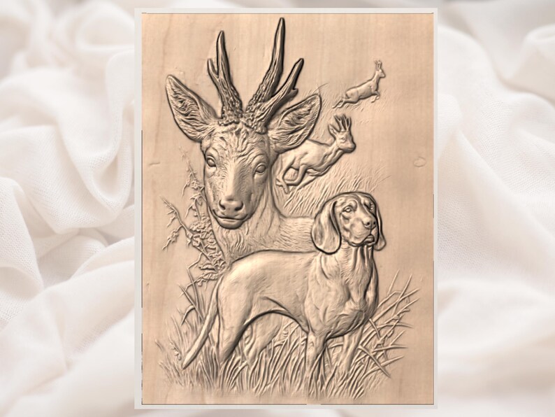 Jakthund och hjort 3D-relief STL | Fågelhund med bockviltscenpanel | CNC-rutterfil, 3D-utskrift, lasergravyr | Heminredning bild 3