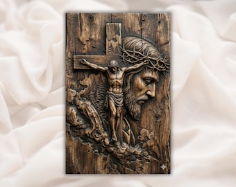 Jesus Crucifixion 3D Relief STL | Cross & Face of Christ Wood Grain Carving Panel | CNC Router File, 3D Print, Laser| Home Decor