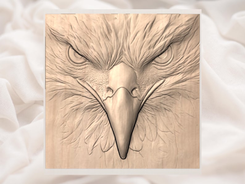 May include: A detailed, carved wooden panel featuring the stern face of an eagle. The eagle's intense gaze and sharp beak are prominently displayed, with intricate feather detailing. The artwork is in shades of brown, showcasing the texture of the wood.