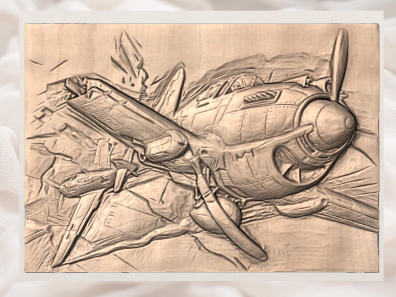 May include: A detailed wooden relief carving of a vintage airplane. The artwork depicts the aircraft in mid-flight, with intricate details of the propeller, wings, and fuselage. The carving is set against a textured background, creating a sense of depth.
