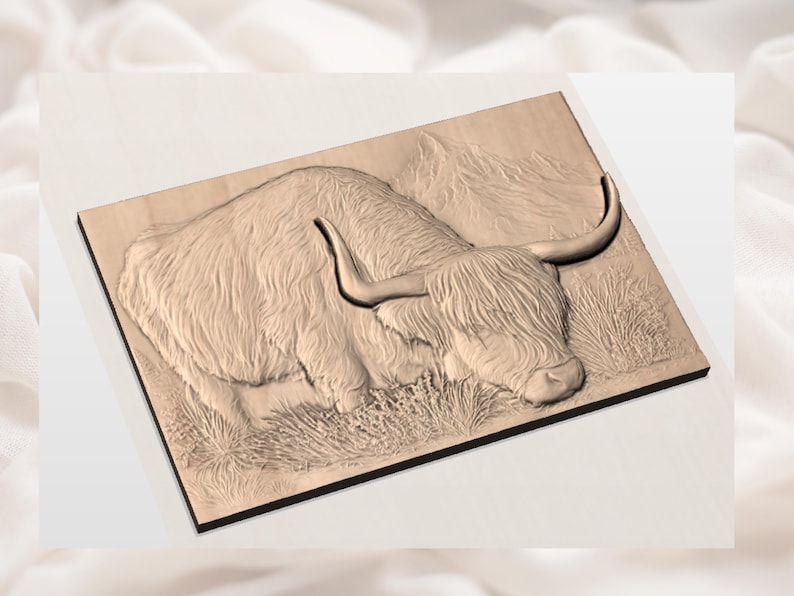 May include: Wooden relief carving of a Highland cow, featuring detailed fur texture and curved horns. The artwork depicts the cow resting in a grassy field with mountains in the background. The carving is mounted on a rectangular wooden panel.