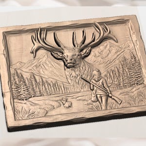 Elk Hunter 3D Relief STL - Deer Head Mountain Forest Wall Art Panel view 2