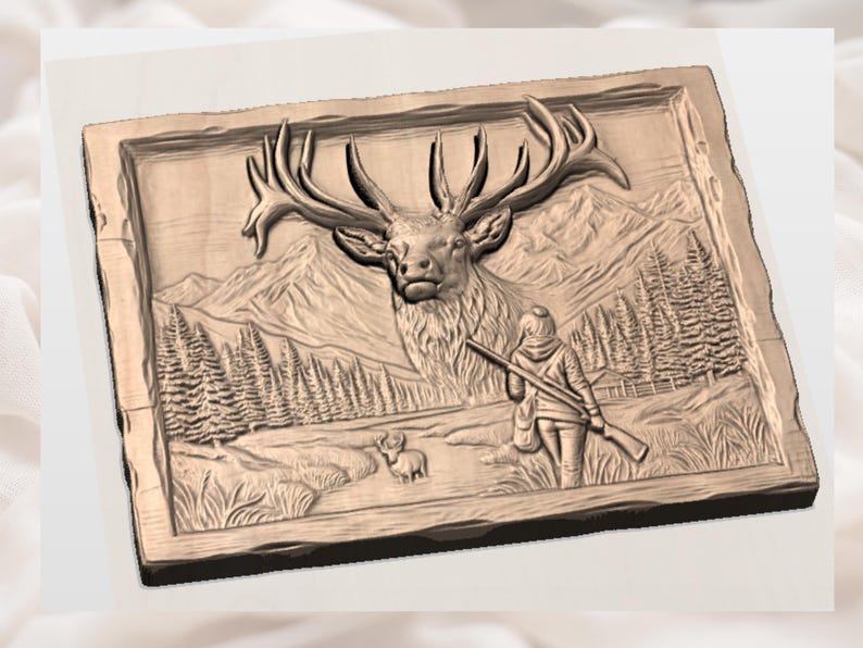 May include: A wooden relief carving depicting a majestic elk with large antlers, a hunter, and a dog in a mountain landscape. The artwork is detailed with trees, mountains, and a textured border, showcasing a rustic theme.