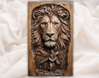 Lion of Judah STL | Jesus Carrying Cross Relief | Christian CNC File | Religious Wood Carving | Biblical Wall Plaque | Easter Faith Decor