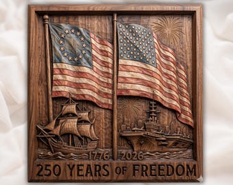 自由の250周年記念 STL | 1776-2026 愛国的な壁掛けアート | ベッツィ・ロス旗船から現代のアメリカ国旗運搬者への記念銘板