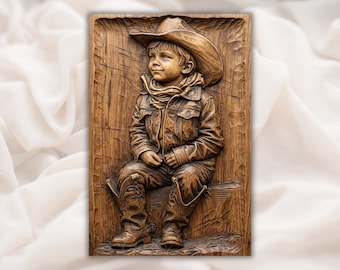 Cowboy Boy 3D Relief STL File | Western Kid Portrait Wood Grain CNC Carving | Ranch Wall Art Panel | 3D Print & Laser Engraving