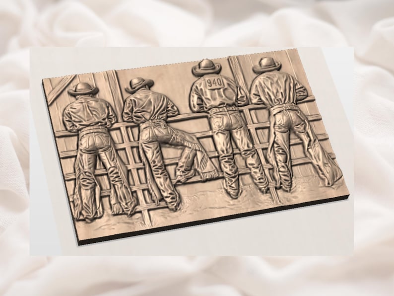 May include: A wooden relief sculpture depicting four cowboys leaning on a fence. The cowboys wear hats, shirts, and jeans. One cowboy has the number 940 on his back. The sculpture is a warm brown color.