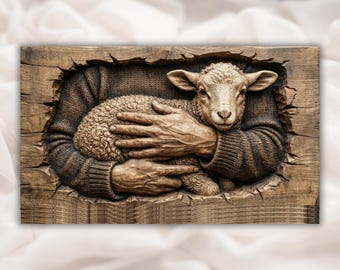 Lamb Hug Relief STL | CNC Router 3D Carving Model | Shepherd Holding Sheep Wood Grain Bas Relief Panel | Farmhouse Nursery Wall Art