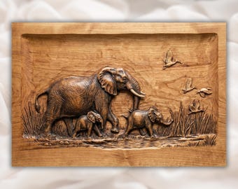 Elephant Family 3D Relief STL | Safari Wildlife Wood Carving | Mother and Baby Elephant STL for CNC Router | 3D Print & Laser Engraving