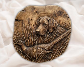Hunting Dog & Pheasant 3D Relief STL | Bird Dog in Tall Grass Scene Round Panel | CNC Router, 3D Print, Laser Engrave | Home Decor