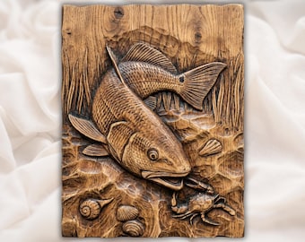 Bass Fish & Crab 3D Relief STL for CNC Router | Fishing Wood Carving Panel | Lake/Pond Wall Art | Coastal Marsh Scene Wall Plaque