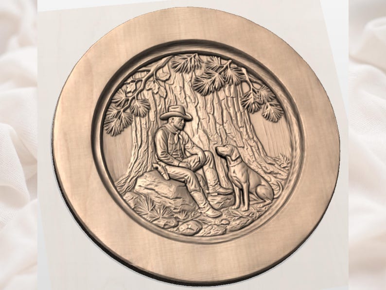 May include: A round, wooden plaque with a detailed relief carving. The carving depicts a cowboy sitting under a tree with his dog. The cowboy wears a hat and is seated on a rock. The dog is sitting upright, looking at the cowboy.