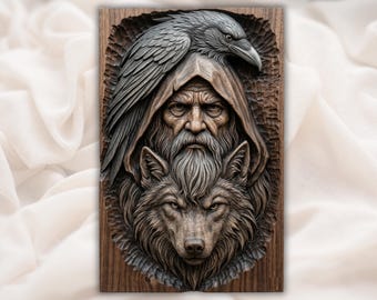 レイヴン・ウルフ・ミスティック・レリーフSTL｜フード付き魔法使いの壁掛けアート｜北欧ゴシック異教の森の精霊パネル｜手彫りの木目調装飾