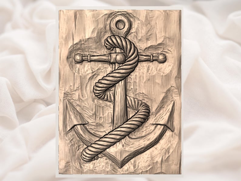 Ankare med rep 3D-relief STL-fil | Nautisk, maritim träådring CNC-snideri | Kustväggkonstpanel | 3D-utskrift och lasergravering bild 3