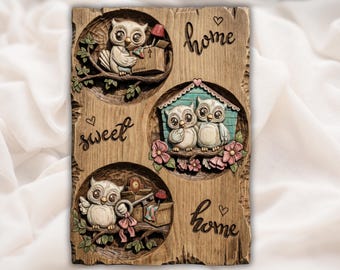 Relevo CNC de Casa de Coruja em STL | Decoração de Casinha de Pássaros "Lar Doce Lar" | Painel de Parede com Corujas | Relevo Fofo de Família de Corujas | Decoração para Casa