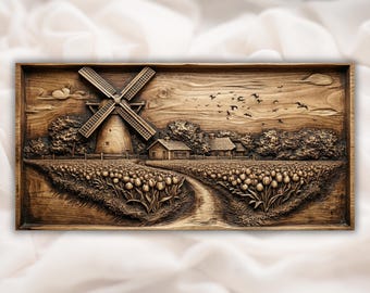 Windmill Tulip Field 3D Relief STL | CNC Router Wood Carving File | Dutch Farmhouse Landscape Wall Art Panel | Rustic Country Decor