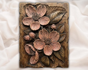 Archivo de tallado CNC de flor de cerezo STL / Relieve de flor 3D / Panel de arte mural floral de Sakura / Aspecto de madera realista tallada a mano / Decoración del hogar