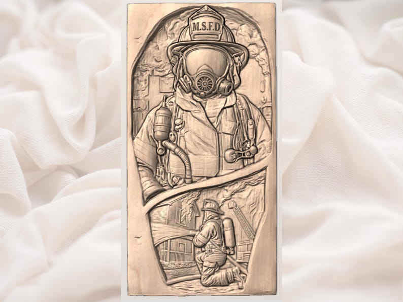 May include: A rectangular, relief carving depicting a firefighter in full gear, including a helmet with "M.S.F.D." on it. The carving shows a firefighter in a burning building. The artwork is in shades of brown.