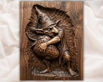 Goblin with Mushroom 3D Relief STL | Fantasy Gnome CNC Router Wood Carving File | Woodland Creature Bas-Relief Wall Art  | Home Decor