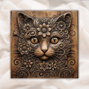 Ornate Floral Cat 3D Relief STL view 1