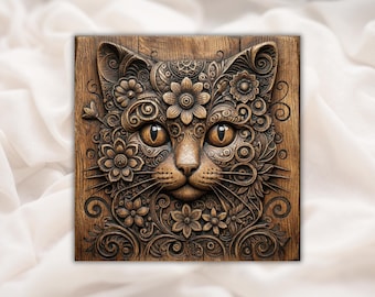 Ornate Floral Cat 3D Relief STL | Mandala Kitty Face Wood Grain Carving Panel | CNC Router File, 3D Print, Laser Engrave | Home Decor