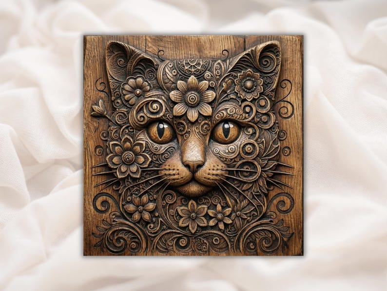 Ornate Floral Cat 3D Relief STL