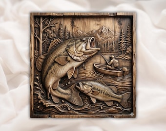 Bass Fishing 3D Relief STL | Lake Scene with Boat, Mountains & Two Fish Panel | CNC Router, 3D Print, Laser Engrave | Digital Download