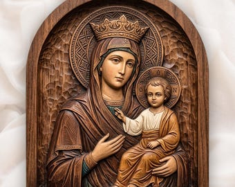 Könnte beinhalten: Eine Wandplatte aus dunklem Holz mit einem Reliefschnitzwerk einer gekrönten Figur, die ein Kind hält. Beide Figuren haben kreisförmige Heiligenscheine hinter ihren Köpfen. Der Hintergrund ist innerhalb eines Bogens grob gemeißelt.